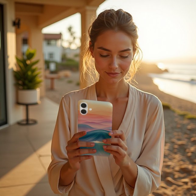 Funda iPhone 16 Aceite De Aguas Agudas Agudas Abstractas Costeras (Peach Swell Case. Serene sunset waves & lavender-dusk tones for artful everyday tech.)