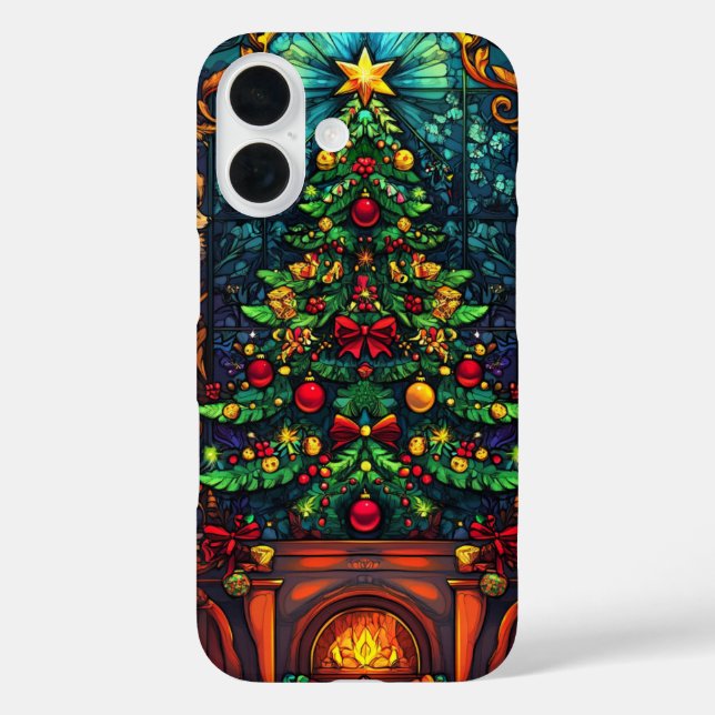 Funda iPhone 16 Acogedor árbol de Navidad Chimenea arte de vidrio  (Reverso )