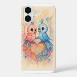 Funda iPhone 16 Acuarela Amor Aves con Feath de Cola en forma de c