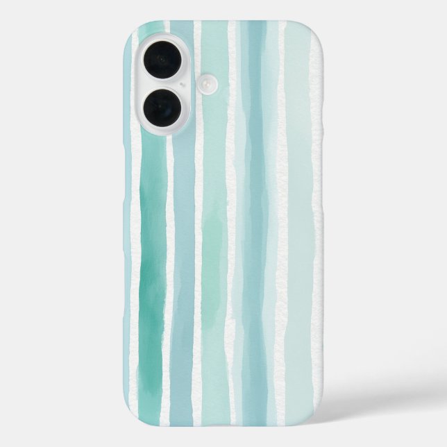 Funda iPhone 16 Acuarela Aqua Patrón de Franja Vertical Costera  (Reverso )