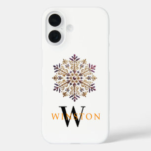 Funda iPhone 16 Acuarela Golden Snowflake Magic Monograma Blanco