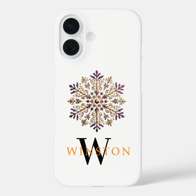 Funda iPhone 16 Acuarela Golden Snowflake Magic Monograma Blanco (Reverso )