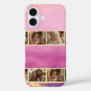 Funda iPhone 16 acuarela rosa y foto dorada