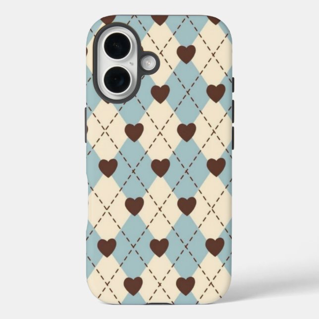 Funda iPhone 16 Aesthetic Blue,Cream Argyle Heart Pattern  cover (Reverso )