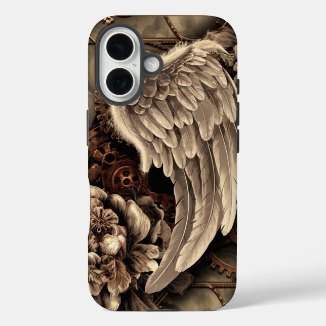 Funda iPhone 16 Alas etéreas Steampunk, engranajes y floraciones (Reverso )