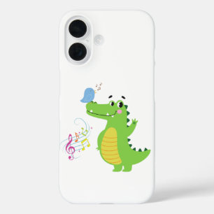 Funda iPhone 16 Alegre cocodrilo disfrutando de la melodía de un p