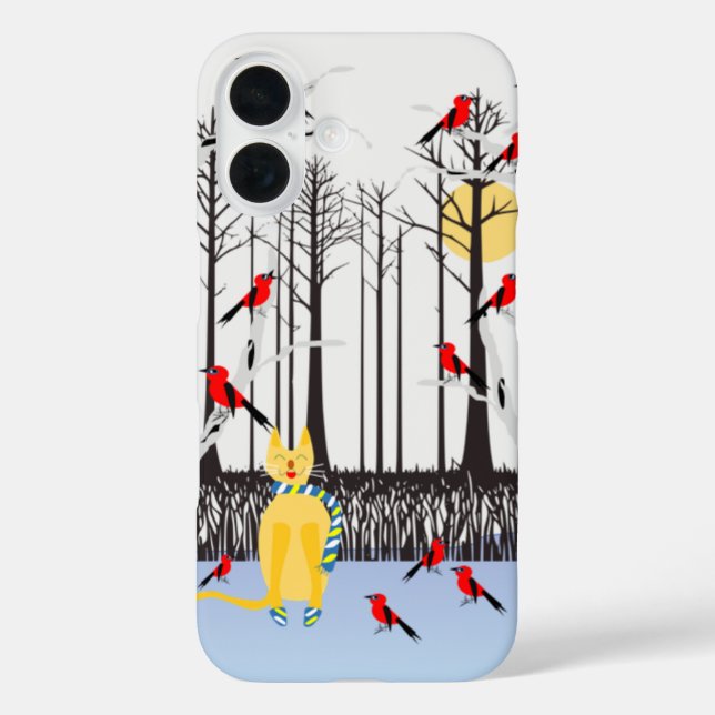 Funda iPhone 16 Alegría de invierno - Gato con cardenales de Birch (Reverso )