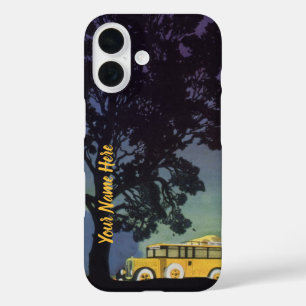 Funda iPhone 16 Alemania vintage, autobús amarillo por la noche, a