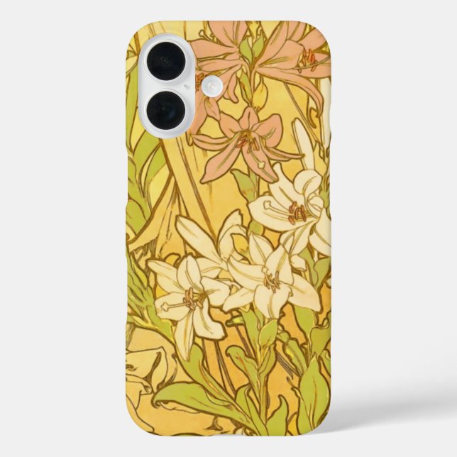 Funda iPhone 16 Alfonse Mucha Flores de lirio Art Nouveau (Reverso )