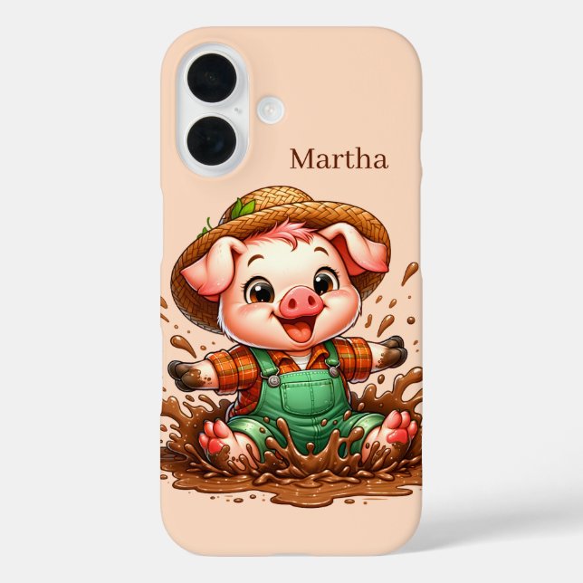 Funda iPhone 16 Amantes de divertidos cerdos añaden su nombre (Reverso )
