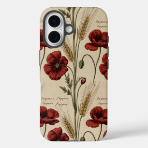 Funda iPhone 16 Amapola vintage en guión botánico – Rojo antiguo