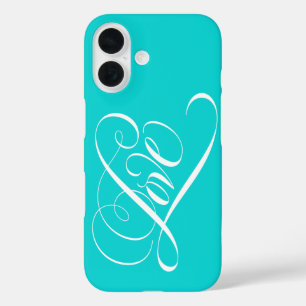 Funda iPhone 16 AMOR caligrafía Corazón Lettering Aqua Verde azula