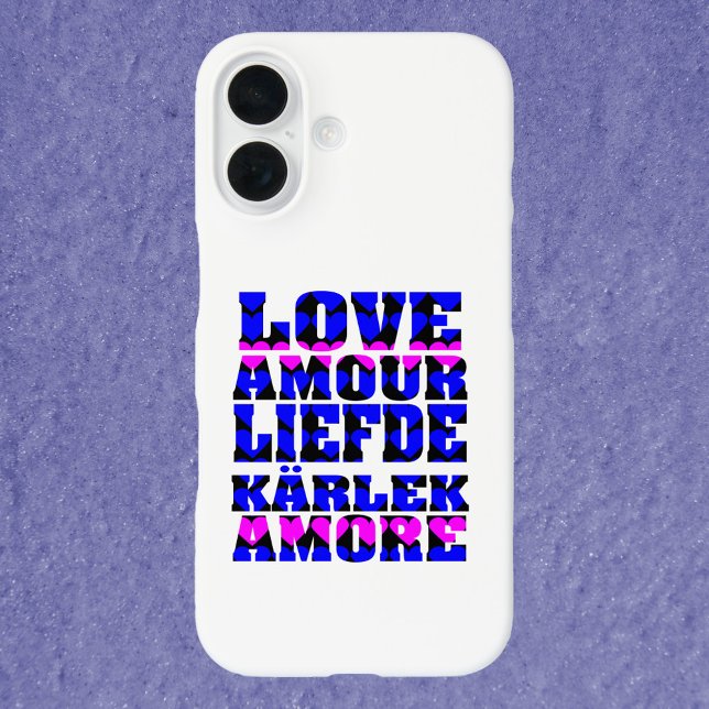 Funda iPhone 16 Amor en diferentes idiomas rosa cardíaco y azul (A phone case that says love in a variety of languages with pink and blue hearts)