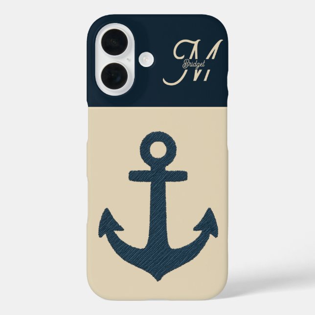 Funda iPhone 16 Ancla azul marino con costa monogramo beige (Reverso )
