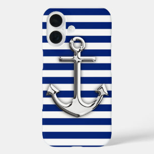 Funda iPhone 16 Ancla del cromo en rayas de la marina de guerra