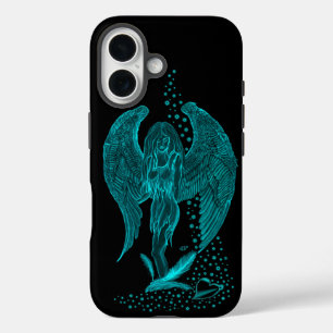 Funda iPhone 16 Ángel perdido en el amor, negro y verde diseño