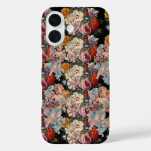 FUNDA iPhone 16 ÁNGEL ROMÁNTICO RECOGIENDO ROSAS Y FLORES ROSADAS