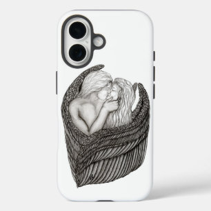 Funda iPhone 16 Angels Kissing , diseño en blanco y negro
