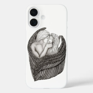 Funda iPhone 16 Angels Kissing , diseño en blanco y negro