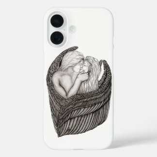 Funda iPhone 16 Angels Kissing , diseño en blanco y negro