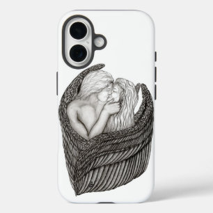 Funda iPhone 16 Angels Kissing , diseño en blanco y negro