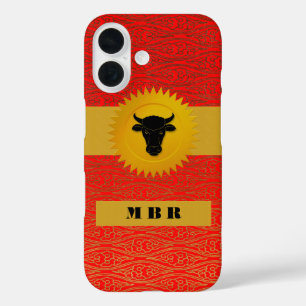 Funda iPhone 16 Animal zoológico chino con monograma en rojo