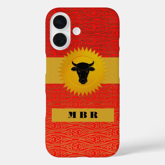 Funda iPhone 16 Animal zoológico chino con monograma en rojo (Reverso )