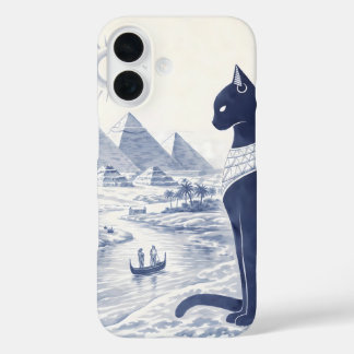 Funda iPhone 16 Antiguo gato egipcio Bastet y pirámides azul