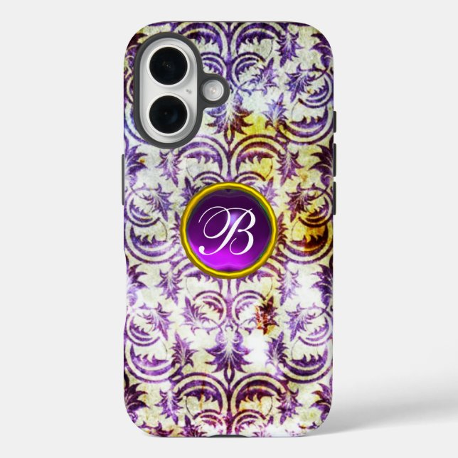 Funda iPhone 16 ANTIQUE DAMASK morado antimetismo Monograma negro (Reverso )
