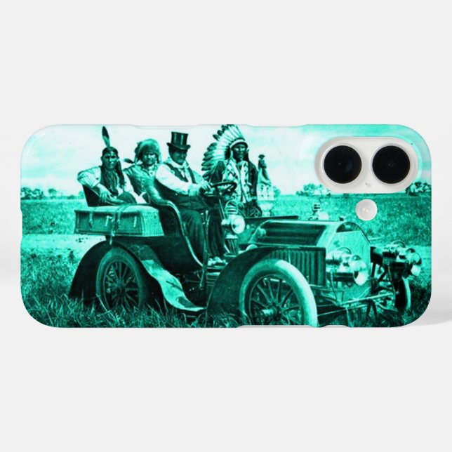 Funda iPhone 16 APACHES Y GERONIMO CONDUCIENDO UN AUTO MOTOR Verde (Reverso (Horizontal))