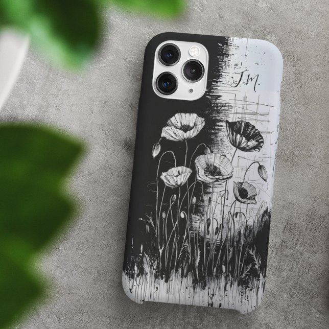 Funda iPhone 16 Apellido de amapola blanco negro negro Monograma (Subido por el creador)