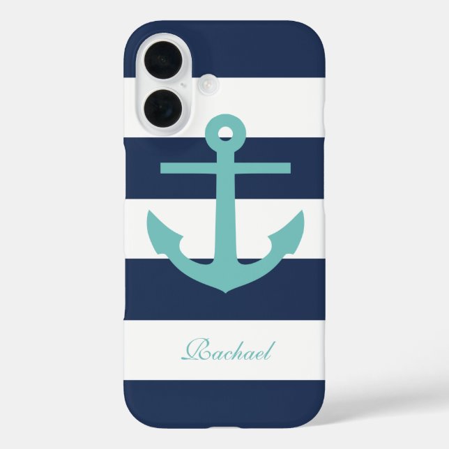 Funda iPhone 16 Aqua Anchor en franjas azules (Reverso )