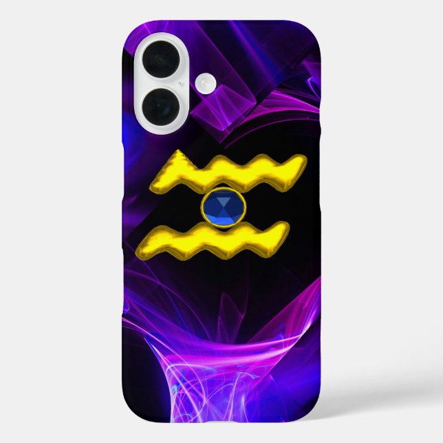 Funda iPhone 16 AQUARIUS GOLD ZODIAC RÓTULO Fractales Púrpura Azul (Reverso )