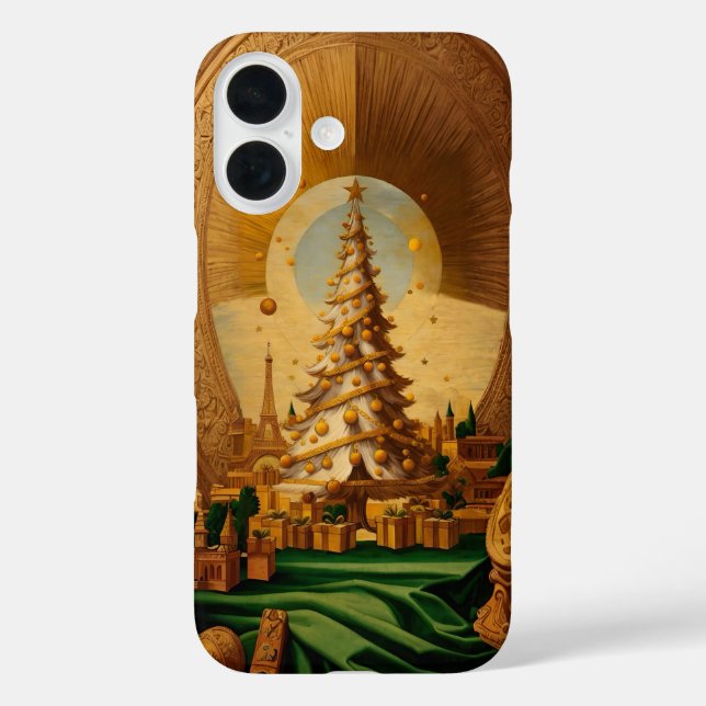 Funda iPhone 16 Árbol de Navidad dorado con Torre Eiffel (Reverso )