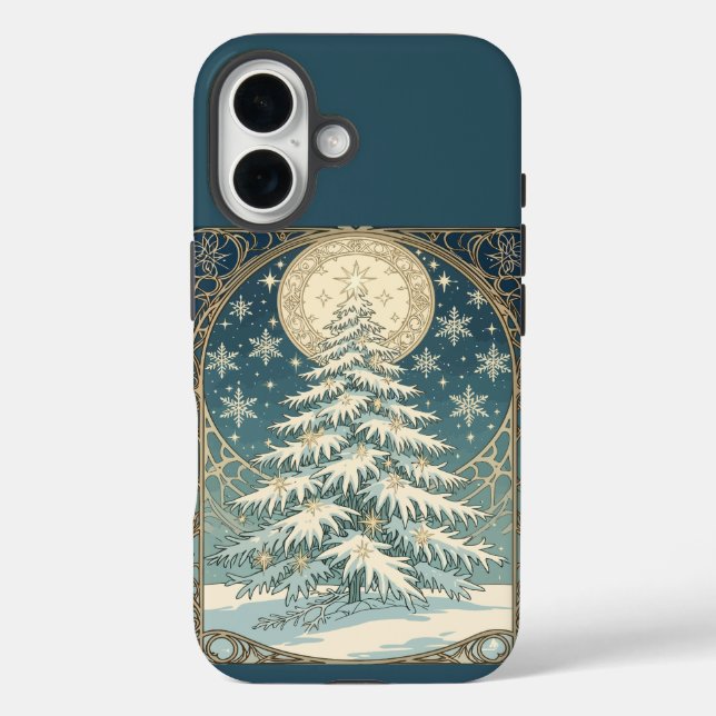 Funda iPhone 16 Árbol de Navidad Yule con nieve y forma de estrell (Reverso )