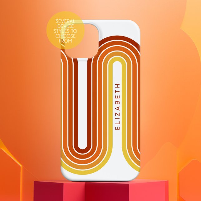 Funda iPhone 16 Arco amarillo Naranja rojo de 70 líneas inspiradas (Custom retro line phone case with name)