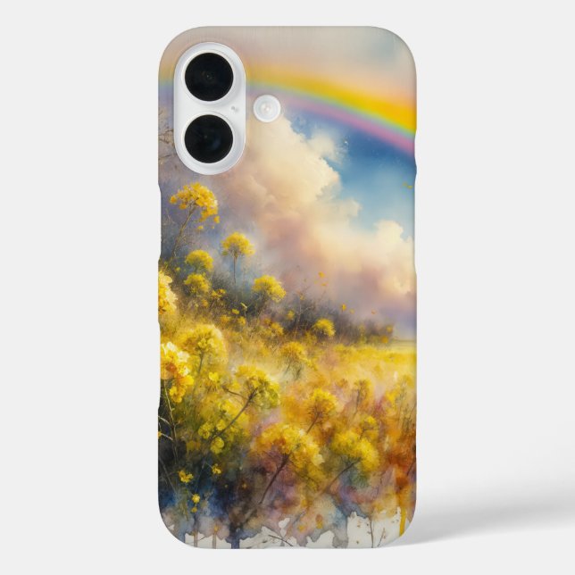 Funda iPhone 16 Arcoiris acuático sobre prado de flores silvestres (Reverso )