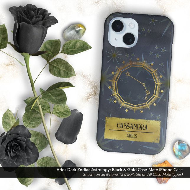 Funda iPhone 16 Aries Astrología Zodiaca Oscura: Negro y Oro (Aries Dark Zodiac & Astrology Black & Gold Case-Mate iPhone Case Personalized with Your Name)