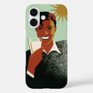 Funda iPhone 16 Art Deco vintage, hombre con cóctel al sol