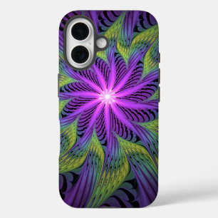 Funda iPhone 16 Arte abstracto fractal moderno de flor verde púrpu