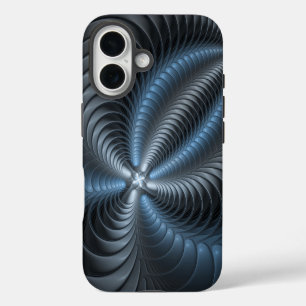 Funda iPhone 16 Arte abstracto moderno fractal 3D gris azul plásti