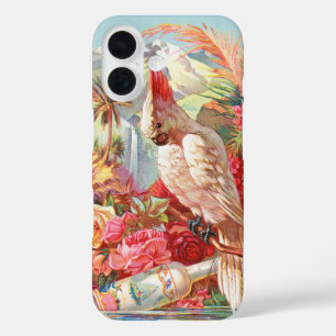 Funda iPhone 16 Arte botánico vintage de cacatúa tropical y rosa