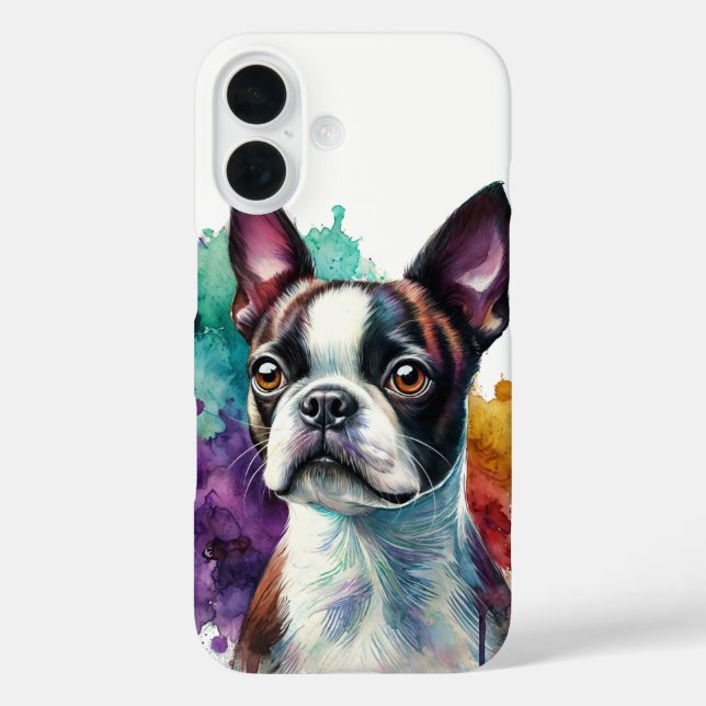 Funda iPhone 16 Arte de acuarela de Boston Terrier (Reverso )