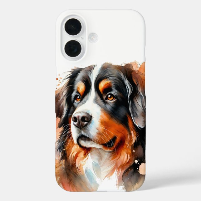 Funda iPhone 16 Arte de acuarela de perro de montaña de Bernese (Reverso )