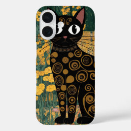 Funda iPhone 16 Arte de gato negro al estilo de Gustav Klimt