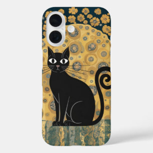 Funda iPhone 16 Arte de gato negro decorativo dorado estilo Gustav