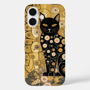 Funda iPhone 16 Arte de gato negro decorativo dorado estilo Gustav