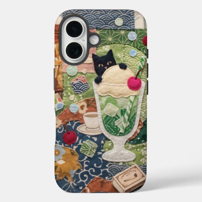 Funda iPhone 16 Arte de gato patchwork japonés (Reverso )