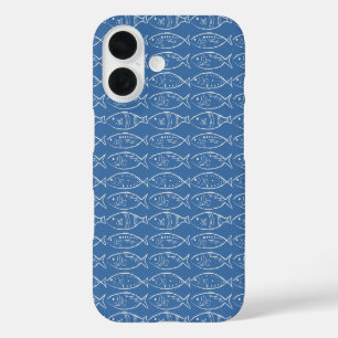 Funda iPhone 16 Arte de línea minimalista pez océano azul