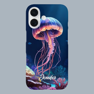Funda iPhone 16 Arte de medusas, nombre en escritura blanca